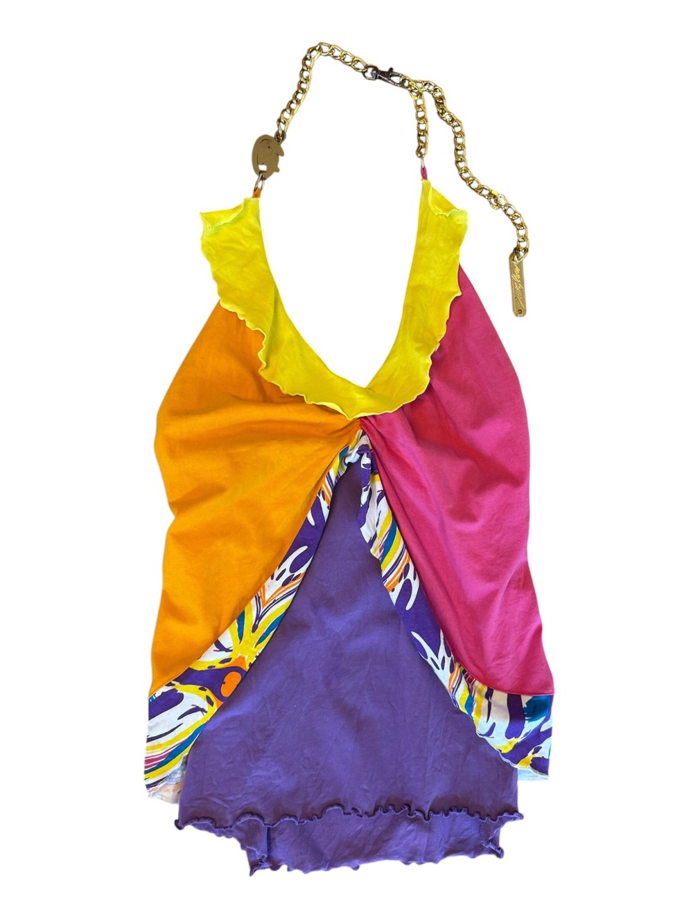 Rare Y2K VTG Miskeen Colorblock Ruffled Halter Top w Metal Chain